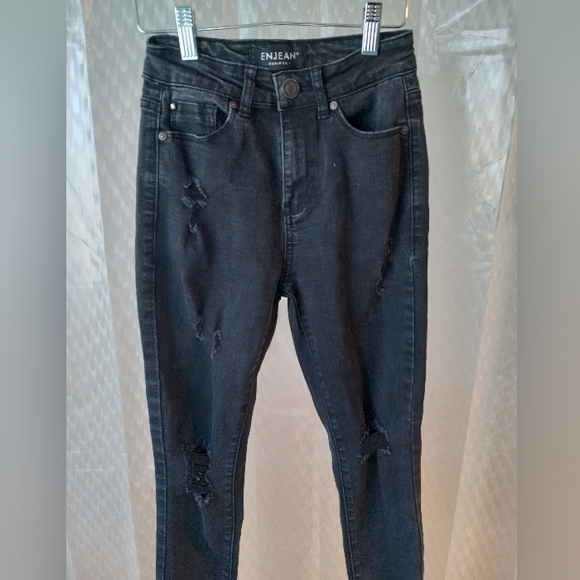 Enjean Black High Rise Skinny Jeans Size 0 Juniors Distressed Raw Hem Denim - Picture 2 of 7